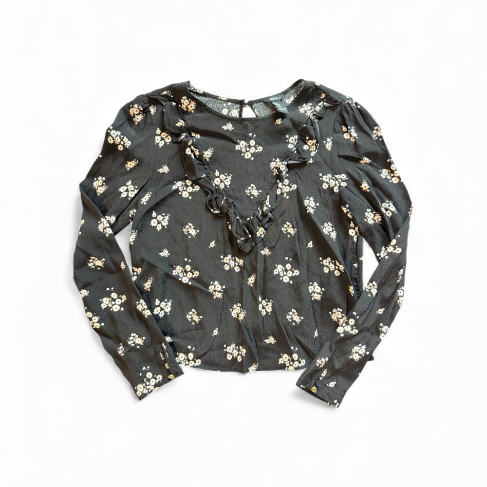 Black Floral Ruffle Y2K Vintage Blouse Top Small Darkcottage Cottagecore Cropped